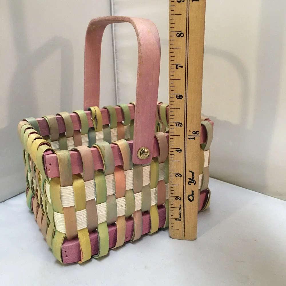 Woven Wood Basket Home Decor Small Multicolor Pastel Spring Swing Handle